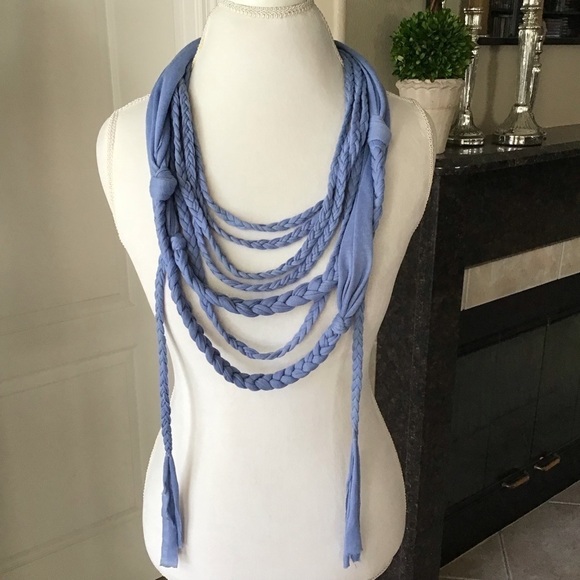 NEW Scarf Necklace Blue Multi Loop Braid Tassel Knot Multi Loop SOFT Knit Boho - Picture 2 of 9